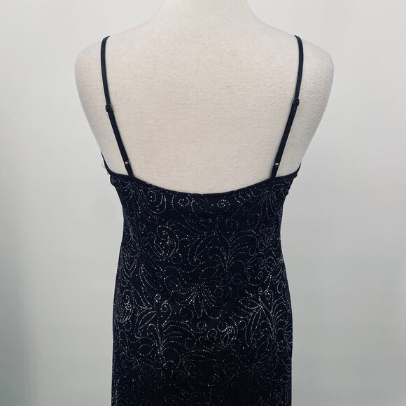Vintage Y2k Maxi Overlay Glitter Floral Dress Split Front Gown Black Silver - Picture 9 of 11